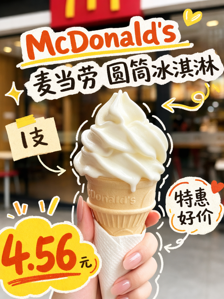 麦当劳圆筒冰淇淋一支4.56元,夏日解暑小甜筒